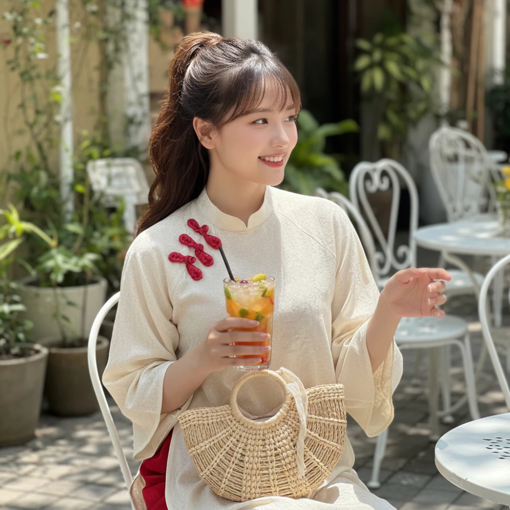 Áo Dài Cách Tân Dáng Suông CƠ UYỂN Vải Gấm Đính Cúc Con Sò Hotrend Tết 2026 - Áo Dài Dung Anhi