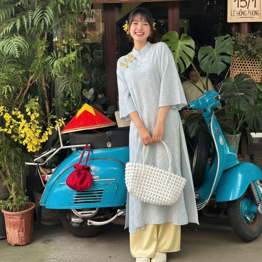 Áo Dài Cách Tân Dáng Suông CƠ UYỂN Vải Gấm Đính Cúc Con Sò Hotrend Tết 2026 - Áo Dài Dung Anhi