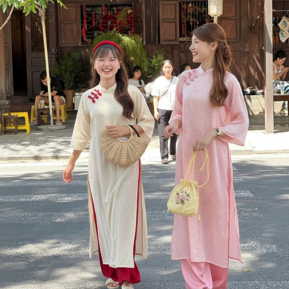 Áo Dài Cách Tân Dáng Suông CƠ UYỂN Vải Gấm Đính Cúc Con Sò Hotrend Tết 2026 - Áo Dài Dung Anhi