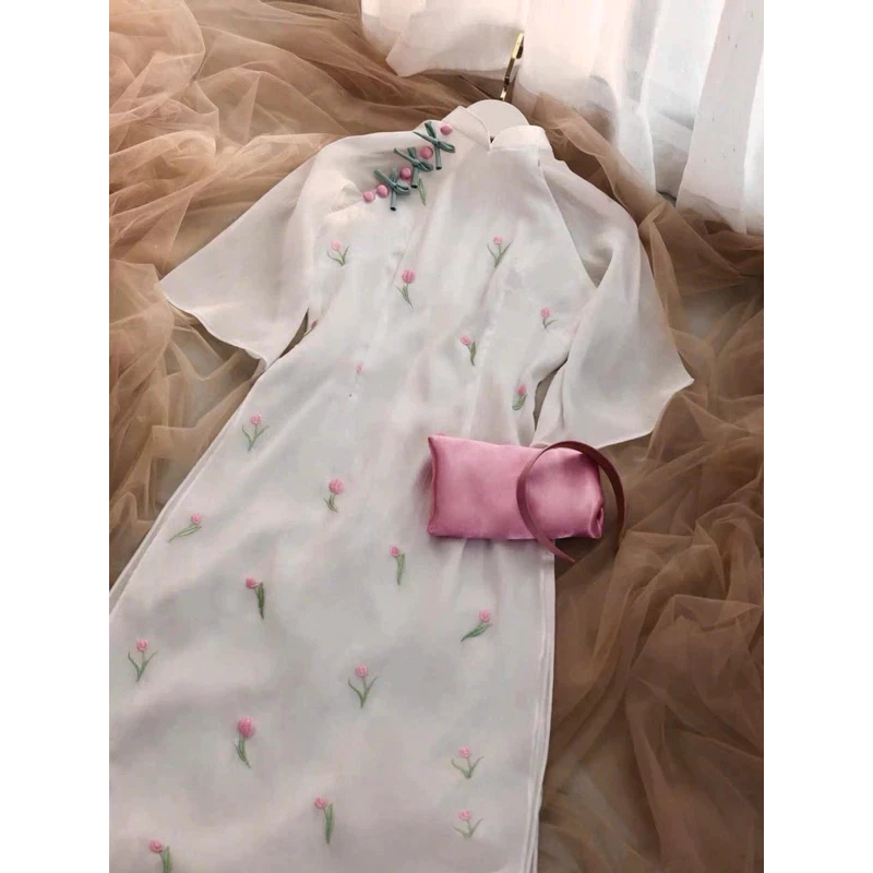 Áo Dài Hoa Nhí Thêu Hoa 