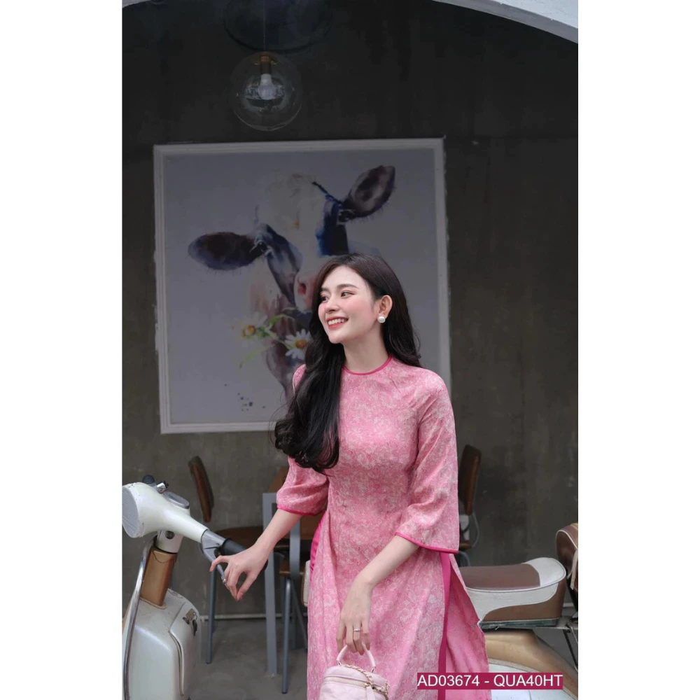 Áo Dài Gấm vân Hoa Dáng Truyền Thống ôm eo bo viền cổ tay phối màu - Áo Dài Dung Anh