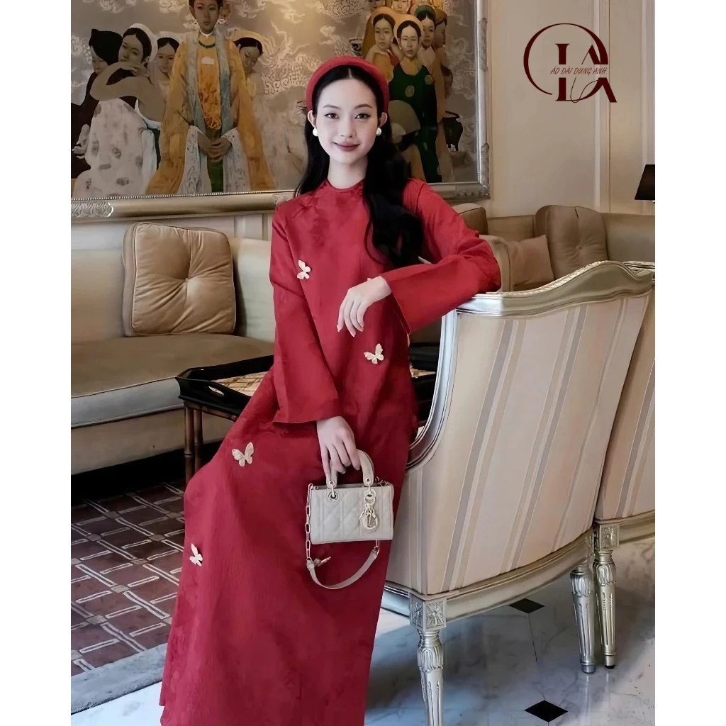 Áo Dài Lam Yên Cách Tân 2 Tà Dáng Xuông Chất Liệu Gấm Châu Sa In Hoa Nổi Cao Cấp, Đính Charm Trên Tà Áo-Áo Dài Dung Anh