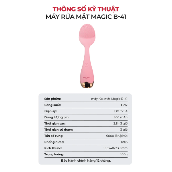 Máy rửa mặt Magic B-41 1.2W IPX5 – Máy rửa mặt massage da, chống nước tiện lợi