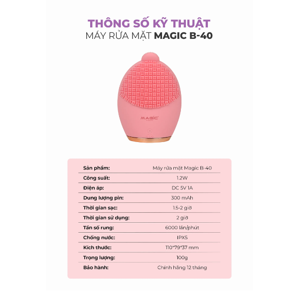 Máy rửa mặt Magic B-40 1.2W 300mAh – Máy rửa mặt massage da mặt, nhỏ gọn tiện lợi