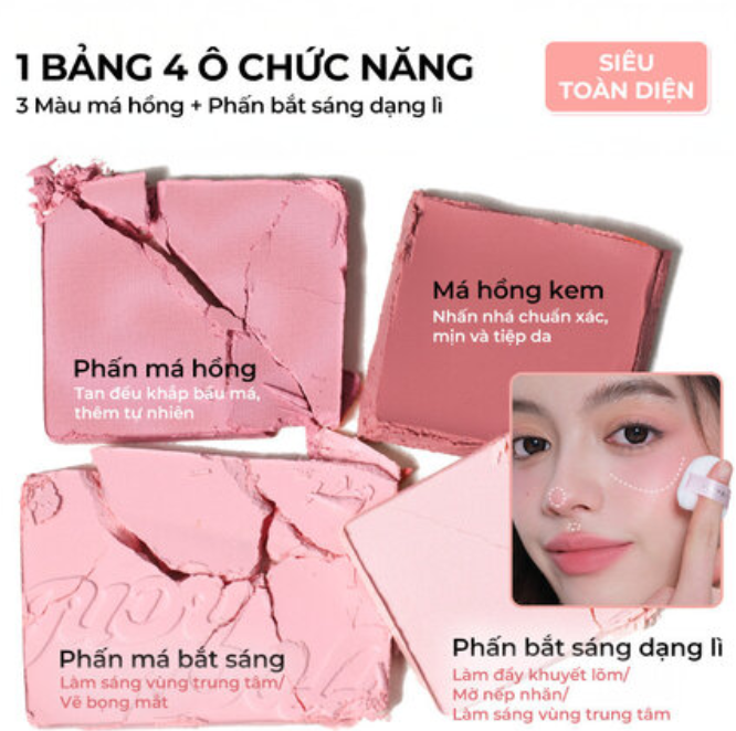 Bảng Phấn Má Hồng Bắt Sáng JUDYDOLL 4 Ô Tông Lì Đa Năng Mềm Mịn Trang Điểm Tự Nhiên Lâu Trôi