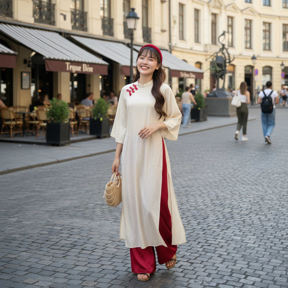 Áo Dài Cách Tân Dáng Suông CƠ UYỂN Vải Gấm Đính Cúc Con Sò Hotrend Tết 2026 - Áo Dài Dung Anhi