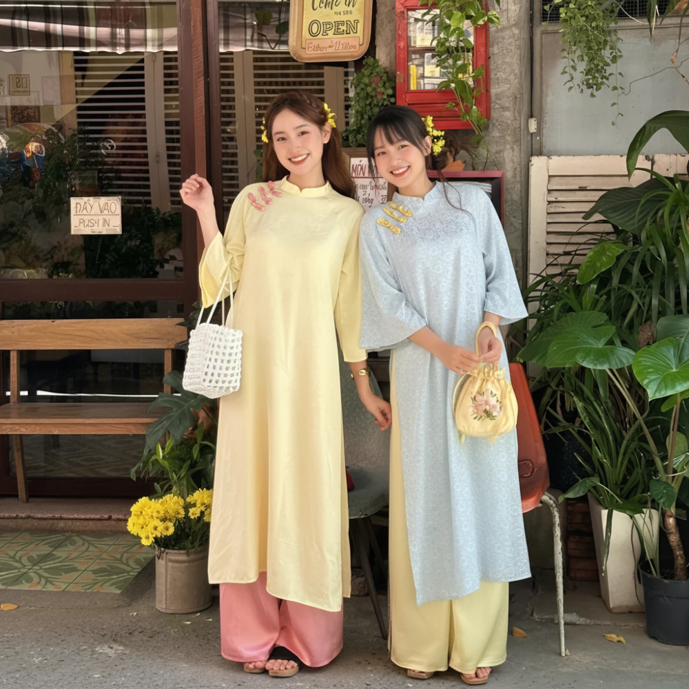 Áo Dài Cách Tân Dáng Suông CƠ UYỂN Vải Gấm Đính Cúc Con Sò Hotrend Tết 2026 - Áo Dài Dung Anhi