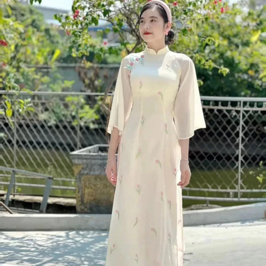 Áo Dài Hoa Nhí Thêu Hoa 