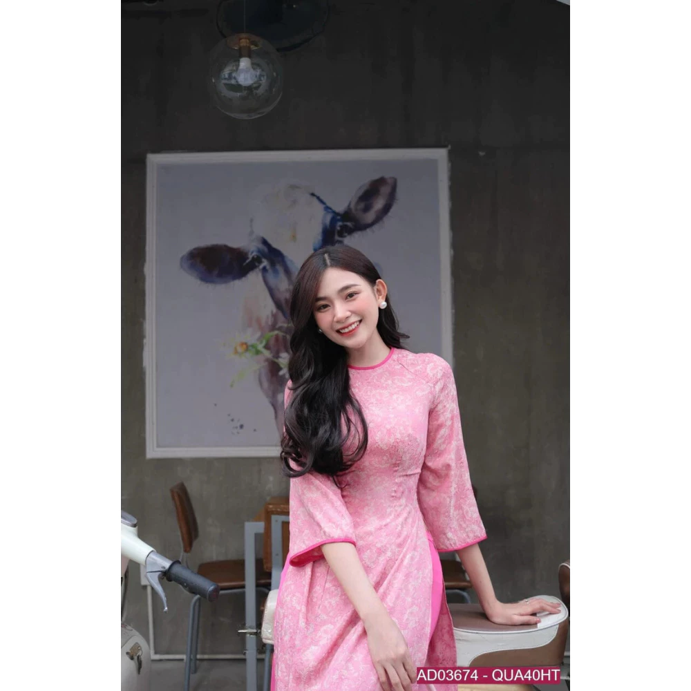 Áo Dài Gấm vân Hoa Dáng Truyền Thống ôm eo bo viền cổ tay phối màu - Áo Dài Dung Anh