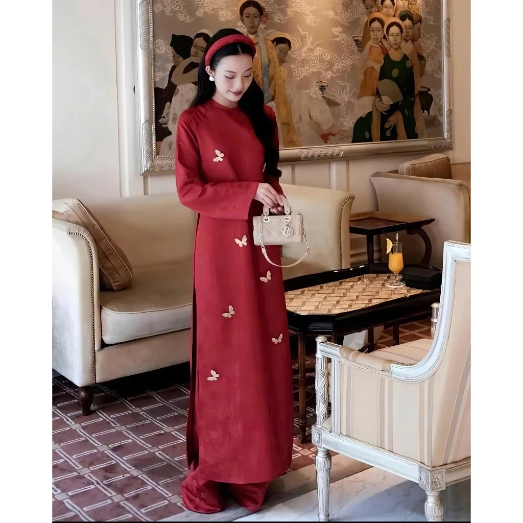 Áo Dài Lam Yên Cách Tân 2 Tà Dáng Xuông Chất Liệu Gấm Châu Sa In Hoa Nổi Cao Cấp, Đính Charm Trên Tà Áo-Áo Dài Dung Anh