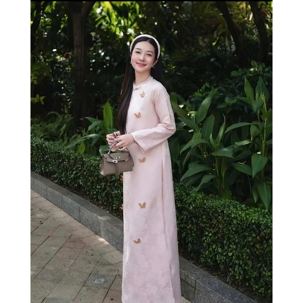 Áo Dài Lam Yên Cách Tân 2 Tà Dáng Xuông Chất Liệu Gấm Châu Sa In Hoa Nổi Cao Cấp, Đính Charm Trên Tà Áo-Áo Dài Dung Anh
